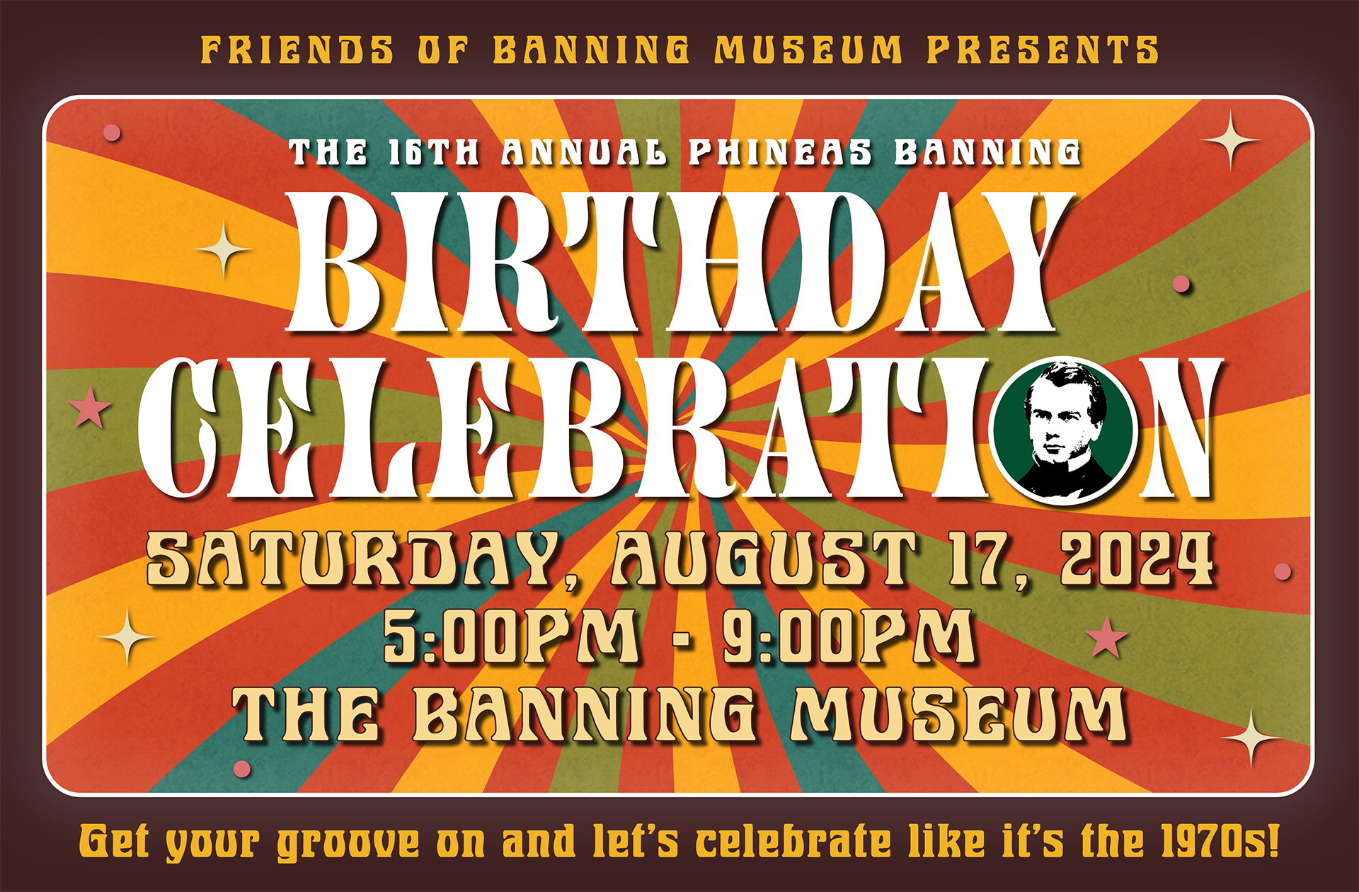 Colorful graphic with details for Banning Birthday