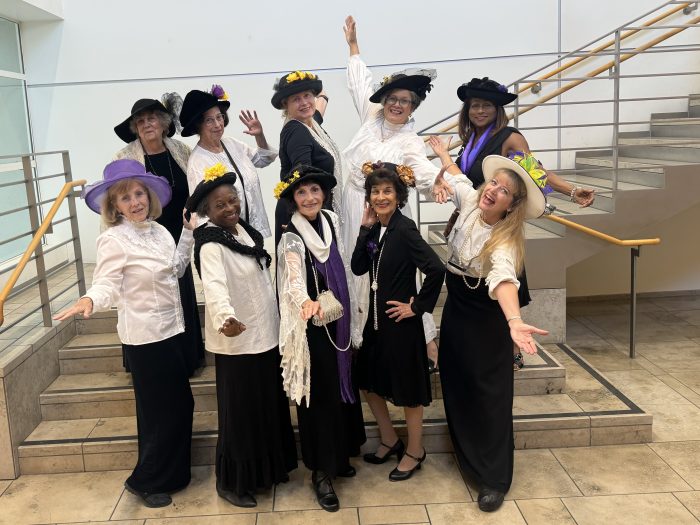 Photo of 10 ladies dressed as suffragettes